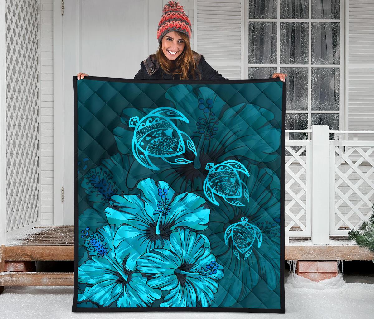 Hawaiian Map Hibiscus Turtle Vintage Polynesian Premium Quilt Turquoise - Polynesian Pride