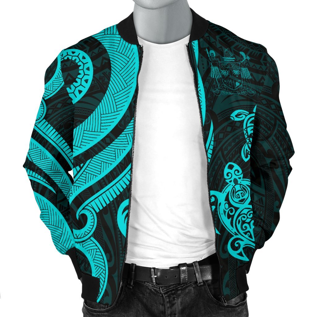 Fiji Polynesian Men Bomber Jacket - Turquoise Tentacle Turtle Crest - Polynesian Pride