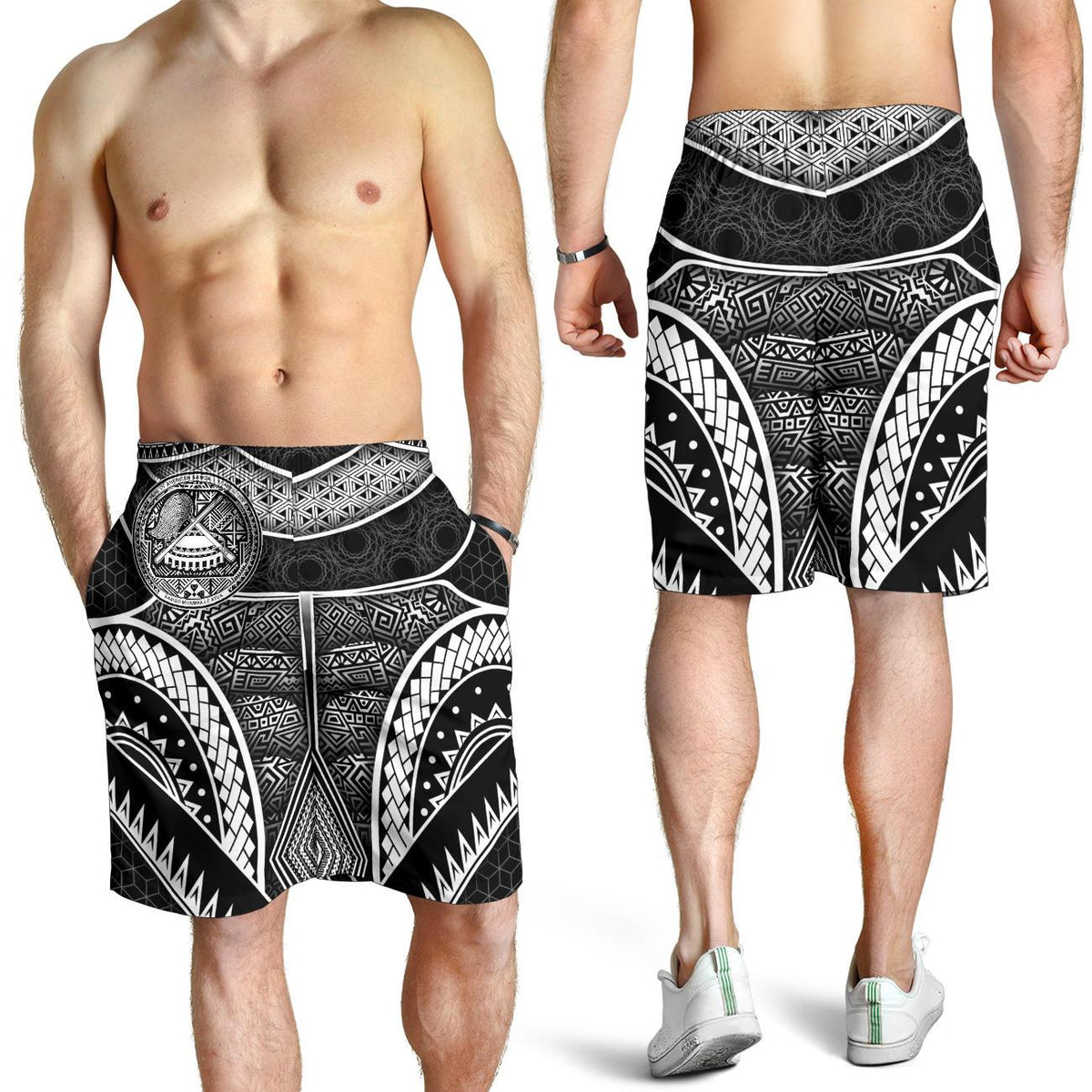 Polynesian Shorts Men - American Samoa Coat Of Arm With Poly Patterns - Polynesian Pride