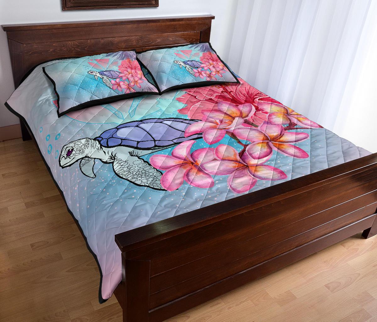 Hawaii Map Kanaka Turtle Galaxy Night Plumeria Hibiscus Quilt Bed Set - Polynesian Pride
