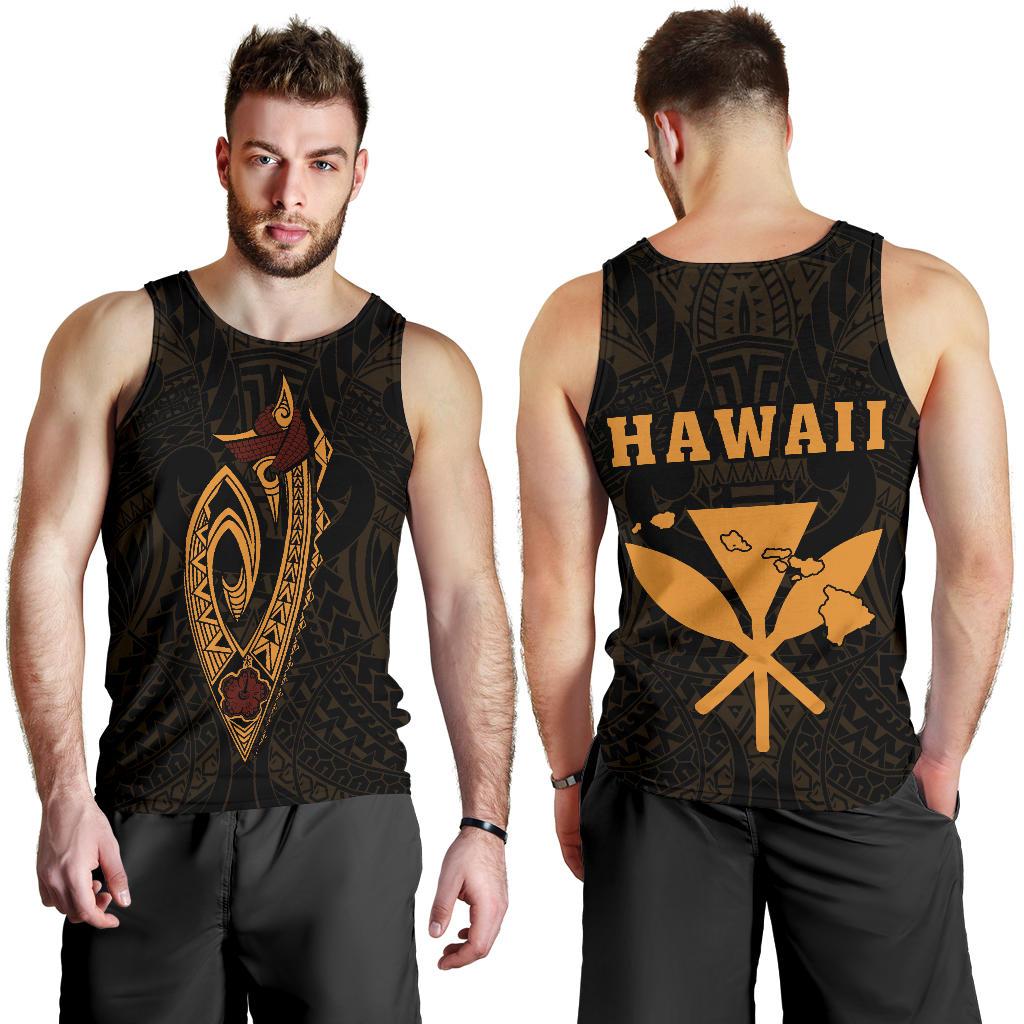 Hawaii Kakau Makau Fish Hook Kanaka Map Men's Tank Top Polynesian Gold - Polynesian Pride