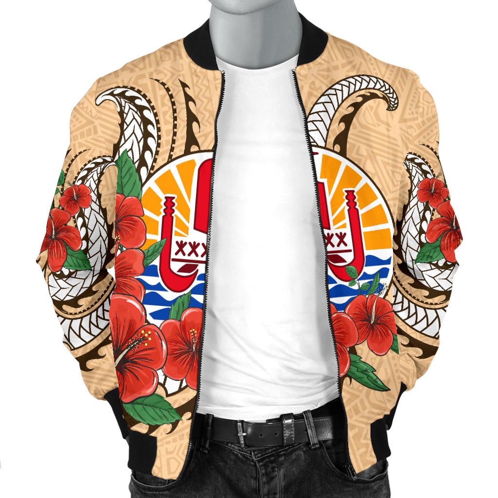 Tahiti Polynesian Men Bomber Jacket - Hibiscus Coat of Arm Beige - Polynesian Pride