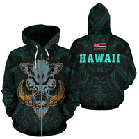 Polynesian Kamapuaa Flag of Hawaii Zip Hoodie Turquoise Hawaiian Mythology Style Unisex Turquoise - Polynesian Pride