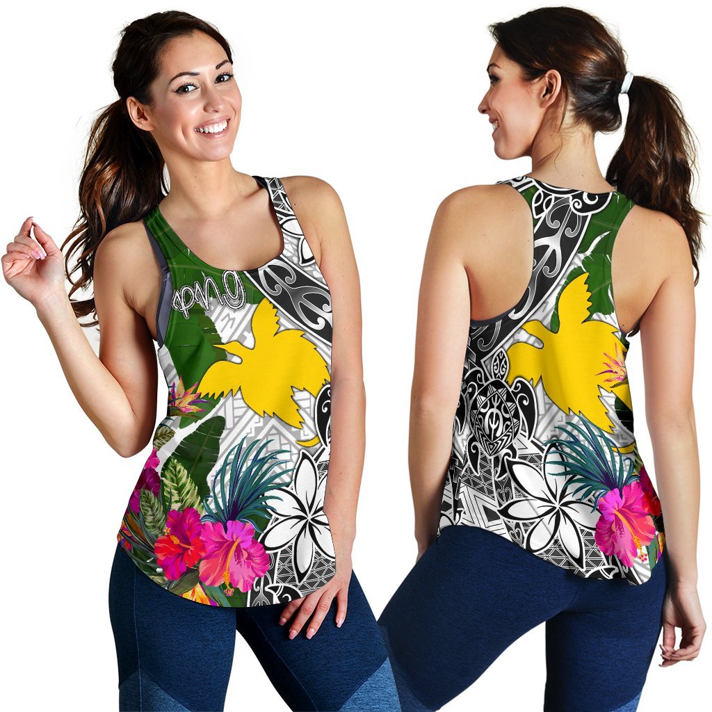 Papua New Guinea Women's Racerback Tank White - Turtle Plumeria Banana Leaf - Polynesian Pride