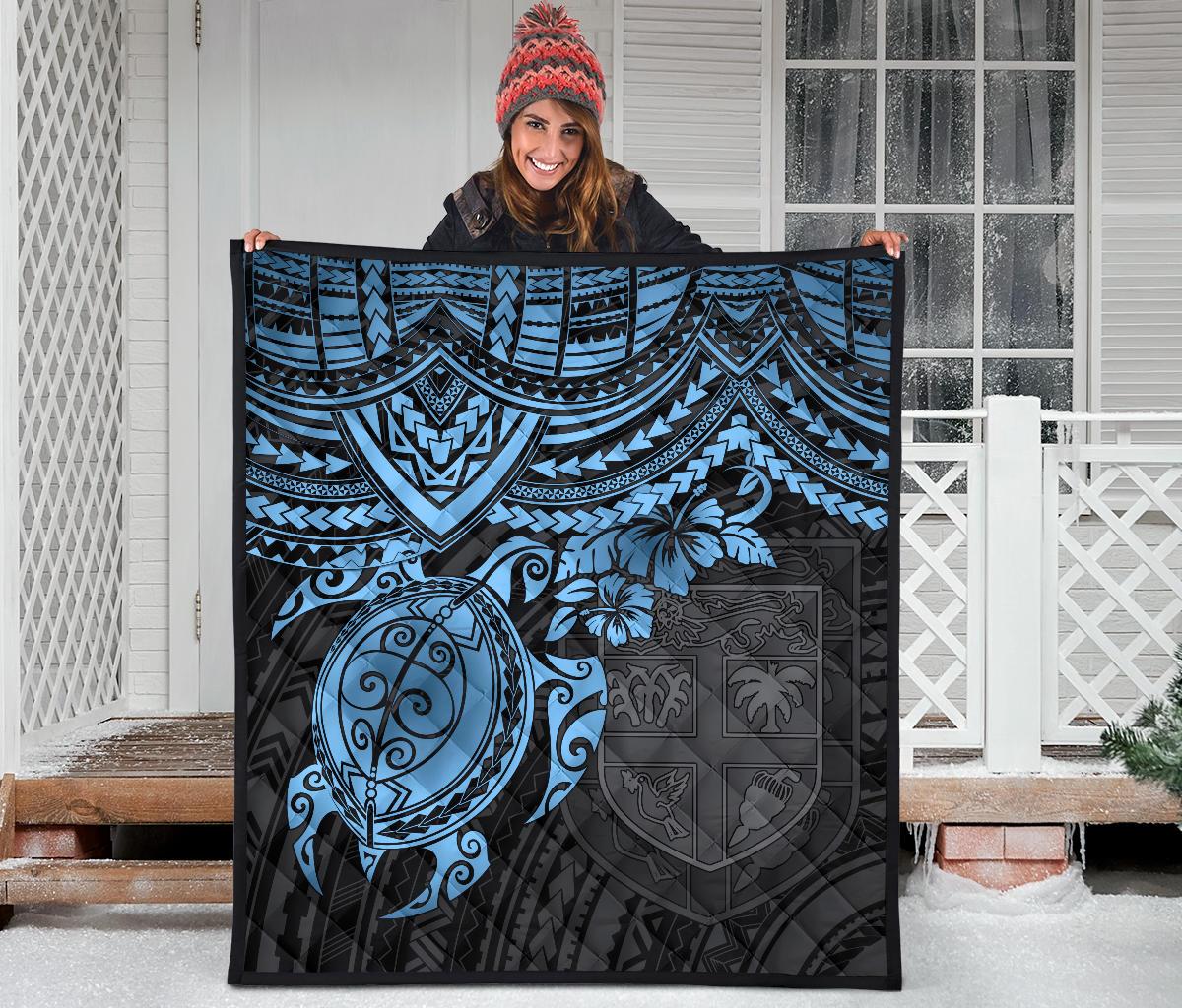 Fiji Polynesian Premium Quilt - Fiji Flag & Blue Turtle Hibiscus - Polynesian Pride
