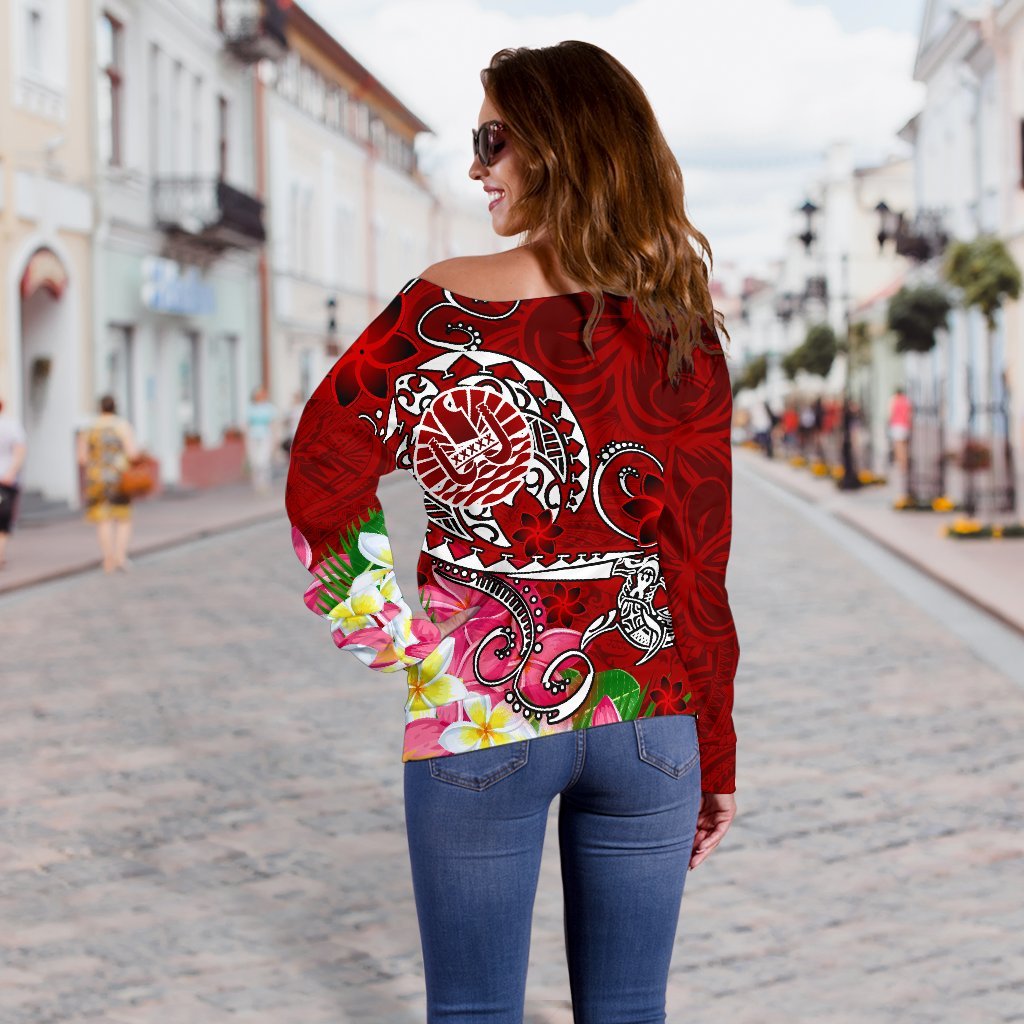 Tahiti Custom Personalised Women's Off Shoulder Sweater - Turtle Plumeria (Red) - Polynesian Pride