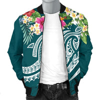 Papua New Guinea Polynesian Men's Bomber Jacket - Summer Plumeria (Turquoise) - Polynesian Pride