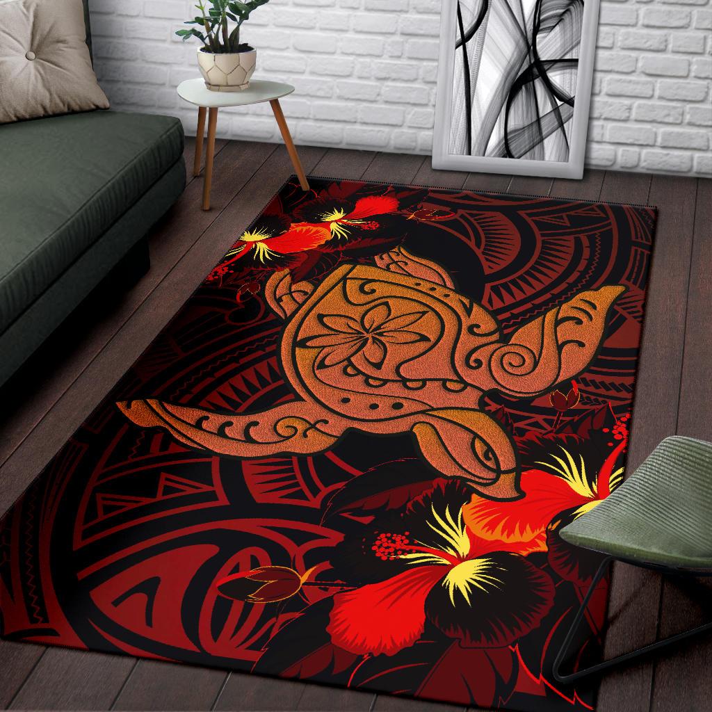 Hawaii Hibiscus Polynesian Red Big Turtle Area Rug AH - Polynesian Pride