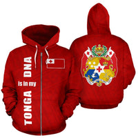 Tonga Zip up Hoodie Tonga Flag Coat of Arms Is In My DNA Unisex Red - Polynesian Pride