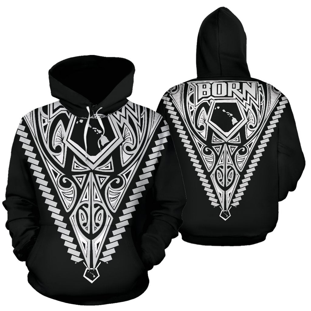 Born Hawaii Hoodie Map Polynesian Tattoo White Unisex Black - Polynesian Pride