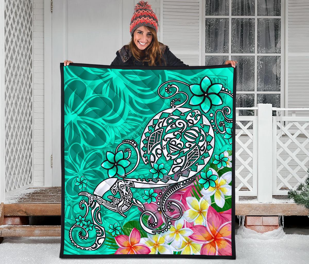 Polynesian Premium Quilt - Turtle Plumeria Turquoise Color - Polynesian Pride