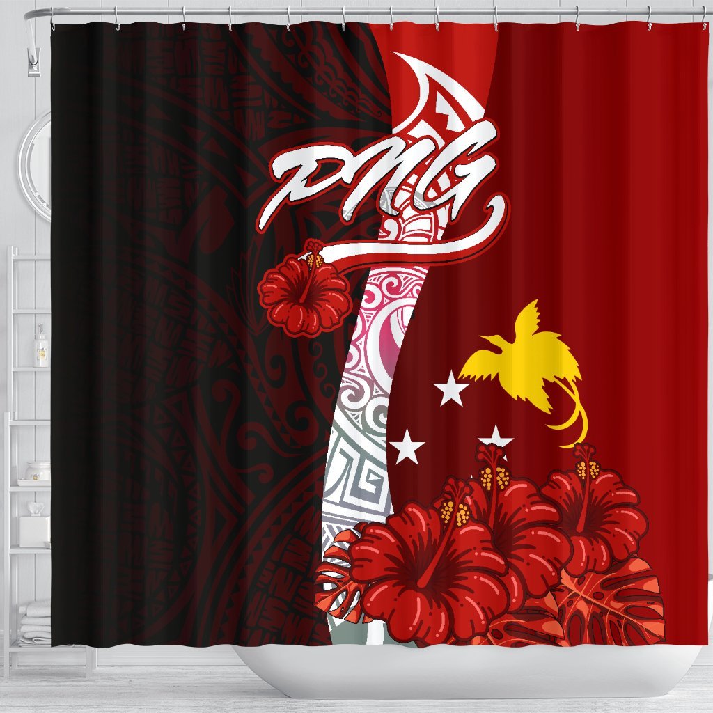 Papua New Guinea Polynesian Shower Curtain - Coat Of Arm With Hibiscus - Polynesian Pride