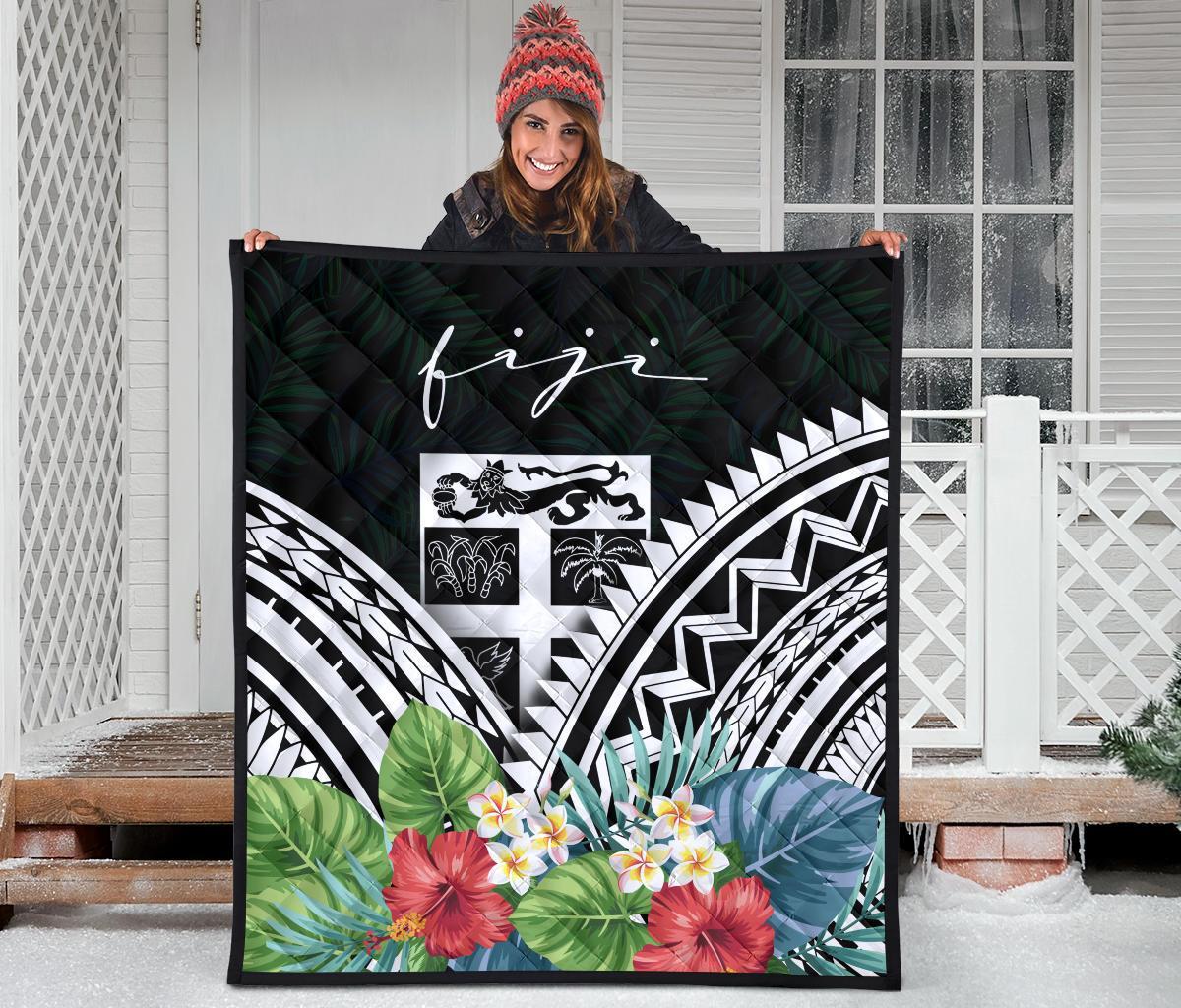 Fiji Premium Quilt - Fiji Coat of Arms & Polynesian Tropical Flowers White - Polynesian Pride