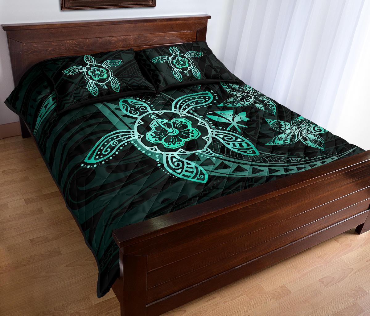 Kanaka Map Hibiscus Plumeria Turtle Art Turquoise Polynesian Quilt Bed Set - Polynesian Pride