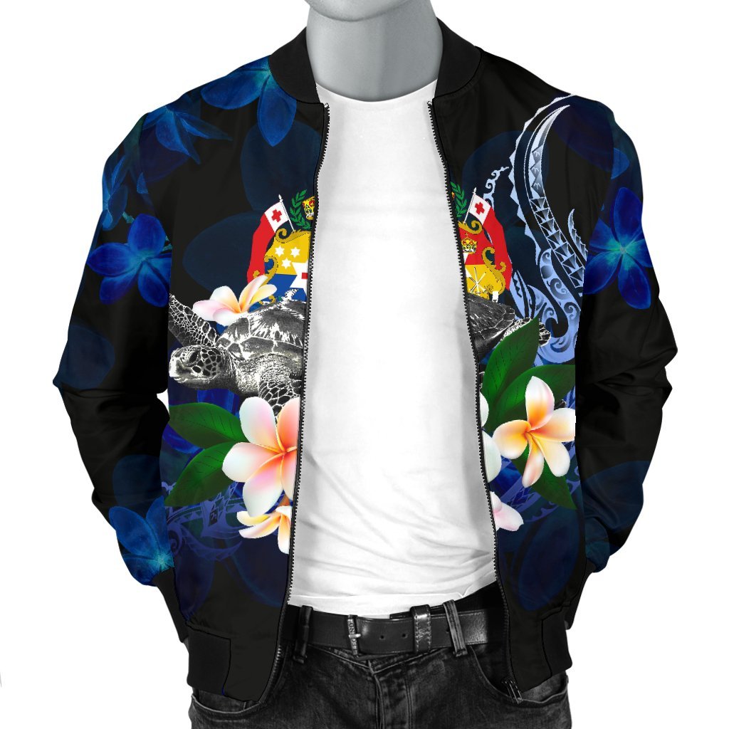 Tonga Polynesian Men's Bomber Jacket - Turtle With Plumeria Flowers - Polynesian Pride