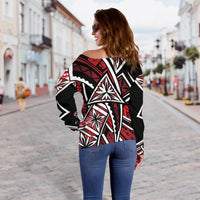 Tahiti Women's Off Shoulder Sweater - Tribal Flower Special Pattern Red Color - Polynesian Pride