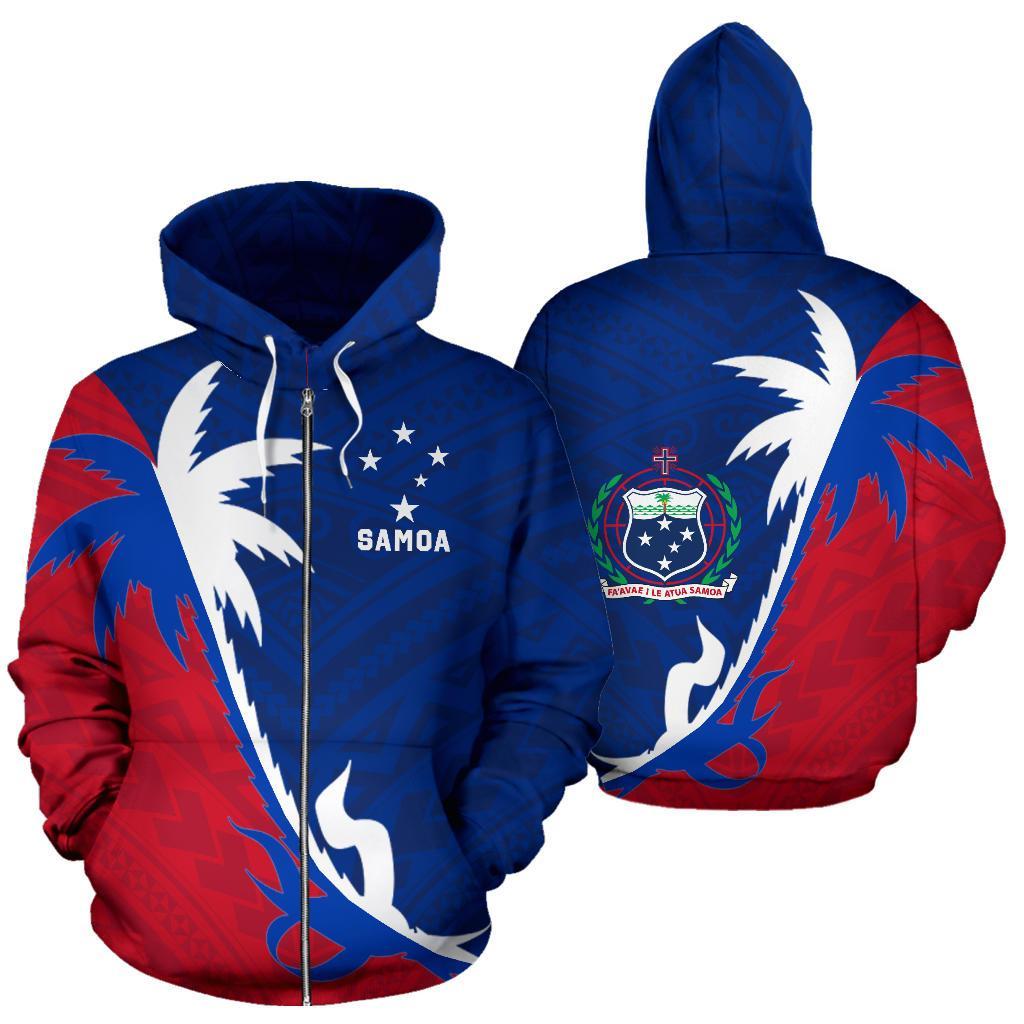 Samoa Zip up Hoodie Samoa Flag Coat of Arms Coconut Tree Unisex Blue - Polynesian Pride