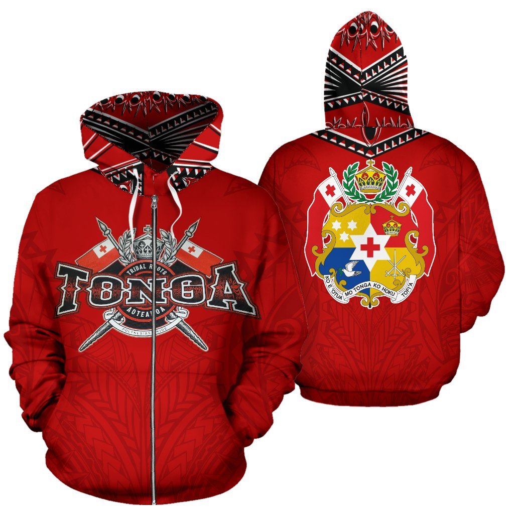 Tonga All Over Zip up Hoodie Red Unisex Red - Polynesian Pride
