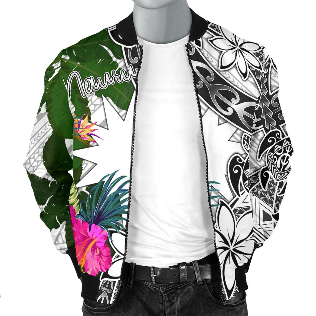 Nauru Men's Bomber Jacket White - Turtle Plumeria Banana Leaf - Polynesian Pride
