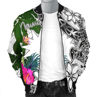 Nauru Men's Bomber Jacket White - Turtle Plumeria Banana Leaf - Polynesian Pride