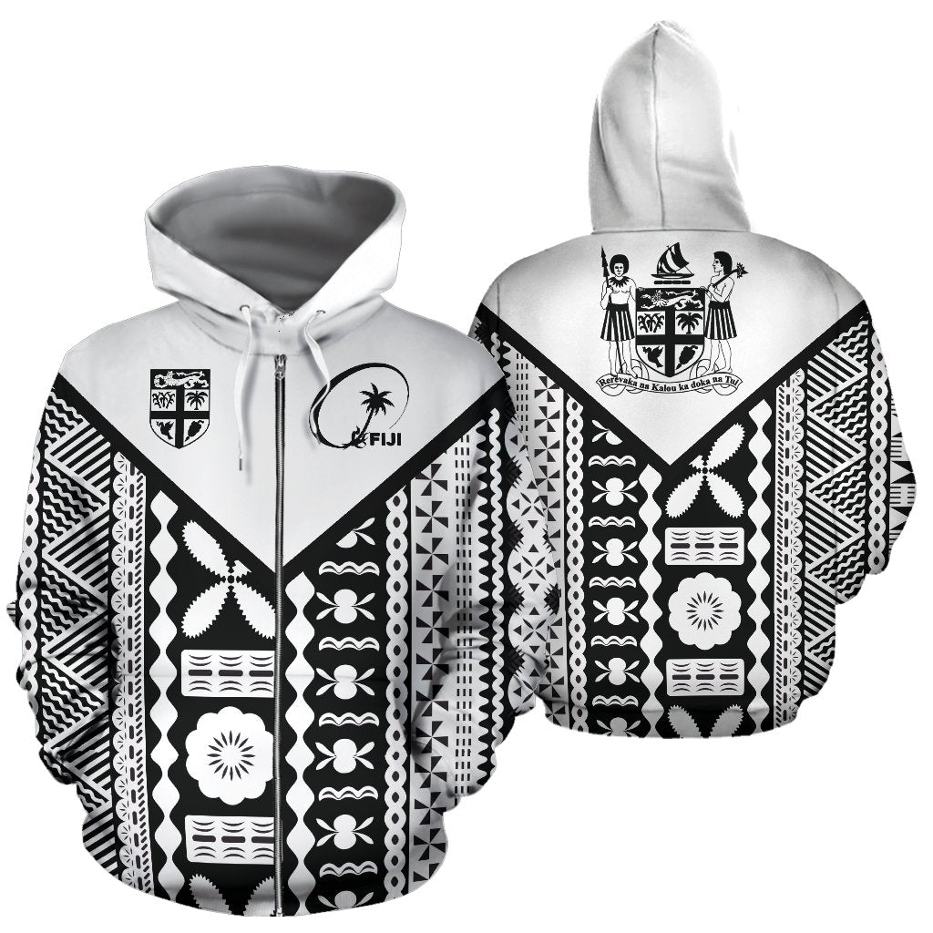 Fiji Tapa Rugby Zip up Hoodie Fiji Rugby Flag Coat of Arms Pattern Unisex White - Polynesian Pride