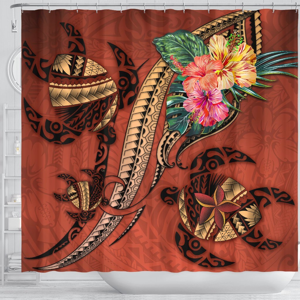 Polynesian Turtle Shower Curtain - Tribal Tattoo with Hibiscus Coral - Polynesian Pride