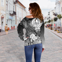 Tahiti Women's Off Shoulder Sweater - Humpback Whale with Tropical Flowers (White) - Polynesian Pride