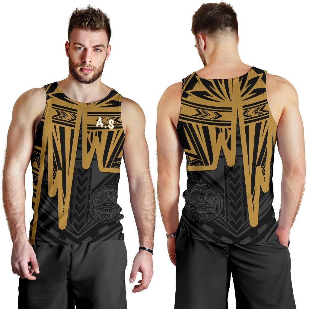 American Samoa Men's Tank Top - Seal With Polynesian Pattern Heartbeat Style (Gold) - Polynesian Pride