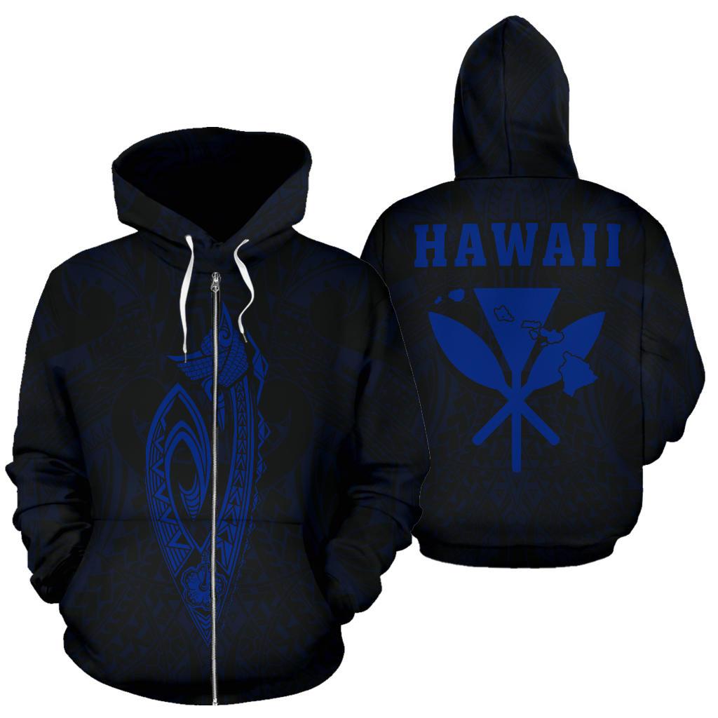 Polynesian Fish Hook Kanaka Map of Hawaii Zip Hoodie Blue Unisex Blue - Polynesian Pride