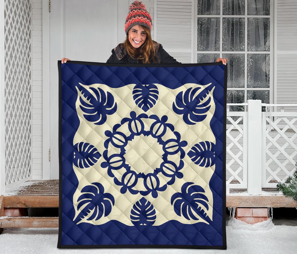 Hawaiian Turtle Coconut Pattern Premium Quilt - Blue - Argu Style - AH - Polynesian Pride