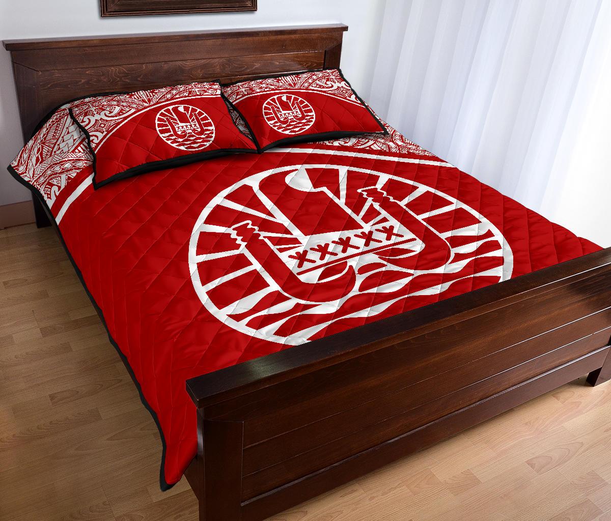 Tahiti Polynesian Quilt Bed Set - Tahiti Flag Red Curve Style - Polynesian Pride
