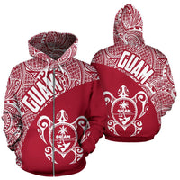 Guam Zip up Hoodie Guam Coat of Arm In Turtle Polynesian Tattoo Red White Unisex Black - Polynesian Pride