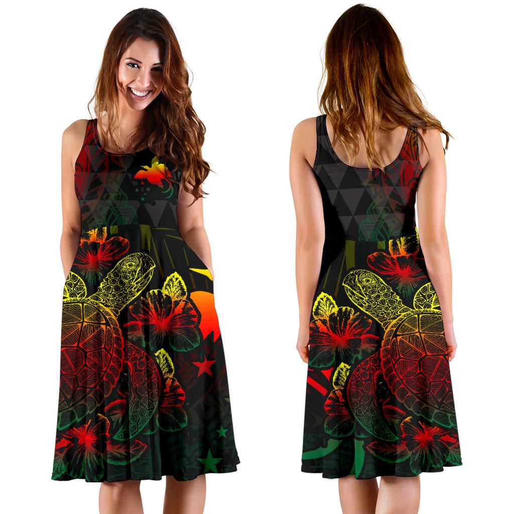 Papua New Guinea Polynesian Midi Dress - Turtle Hibiscus Reggae - Polynesian Pride