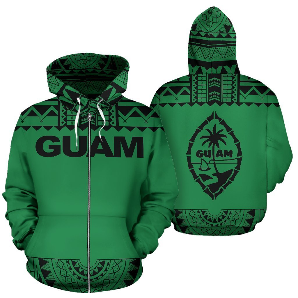 Guam All Over Zip up Hoodie Polynesian Green and Black Unisex Green And Black - Polynesian Pride
