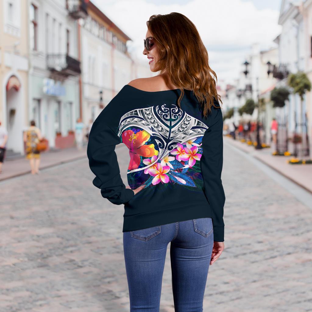 Polynesian Women's Off Shoulder Sweater - Manta Ray And Hibiscus - Polynesian Pride