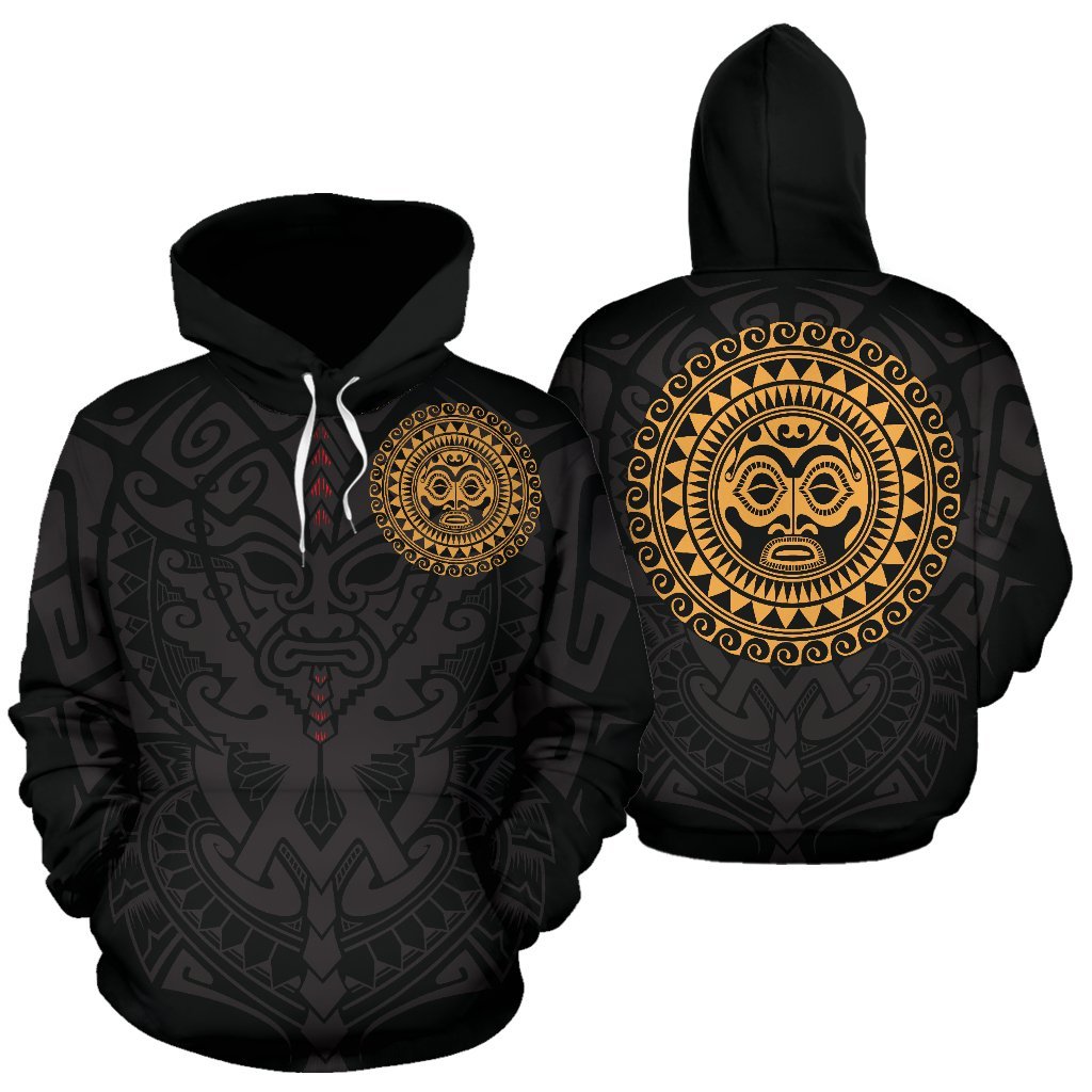 Polynesian All Over Hoodie Polynesian Face Tattoo 8 Unisex Black & GOLD - Polynesian Pride