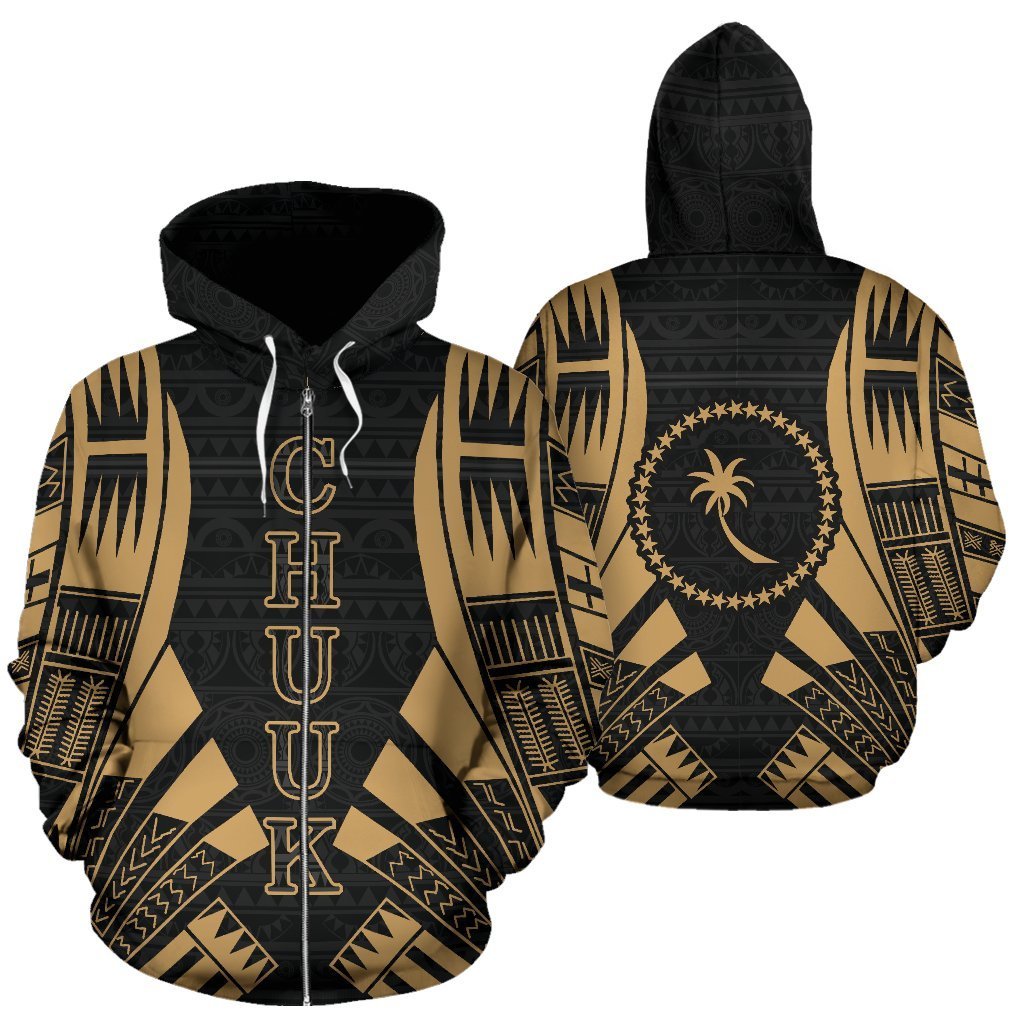 Chuuk State All Over Zip up Hoodie Gold Tattoo Style Unisex Black - Polynesian Pride