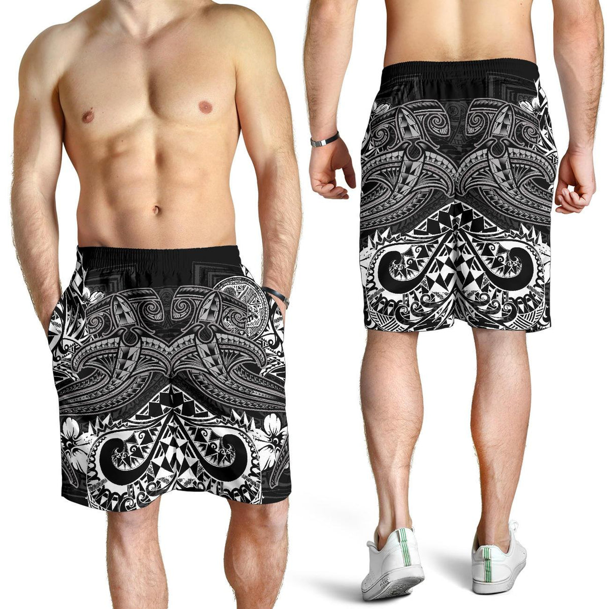 American Samoa Men's Shorts - White Shark Polynesian Tattoo White - Polynesian Pride