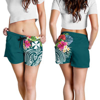 Wallis and Futuna Polynesian Women's Shorts - Summer Plumeria (Turquoise) - Polynesian Pride