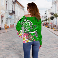 Tahiti Custom Personalised Women's Off Shoulder Sweater - Turtle Plumeria (Green) - Polynesian Pride