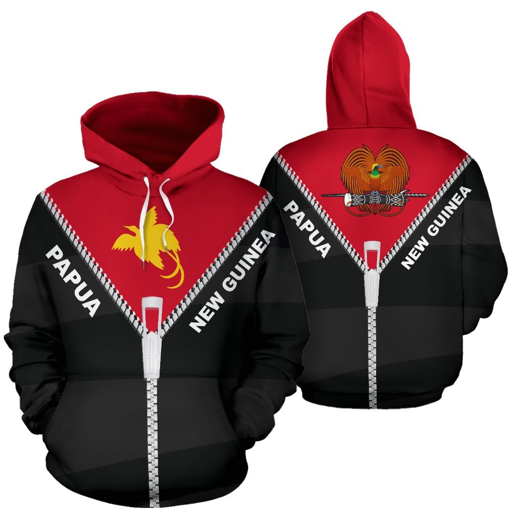 Papua New Guinea Hoodie Papua New Guinea Flag Coat of Arms Straight Zipper Style Unisex Black mix Red - Polynesian Pride
