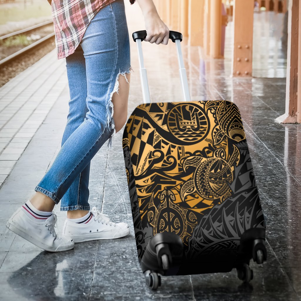 Tahiti Polynesian Luggage Cover - Gold Turtle Hibiscus Flowing - Polynesian Pride