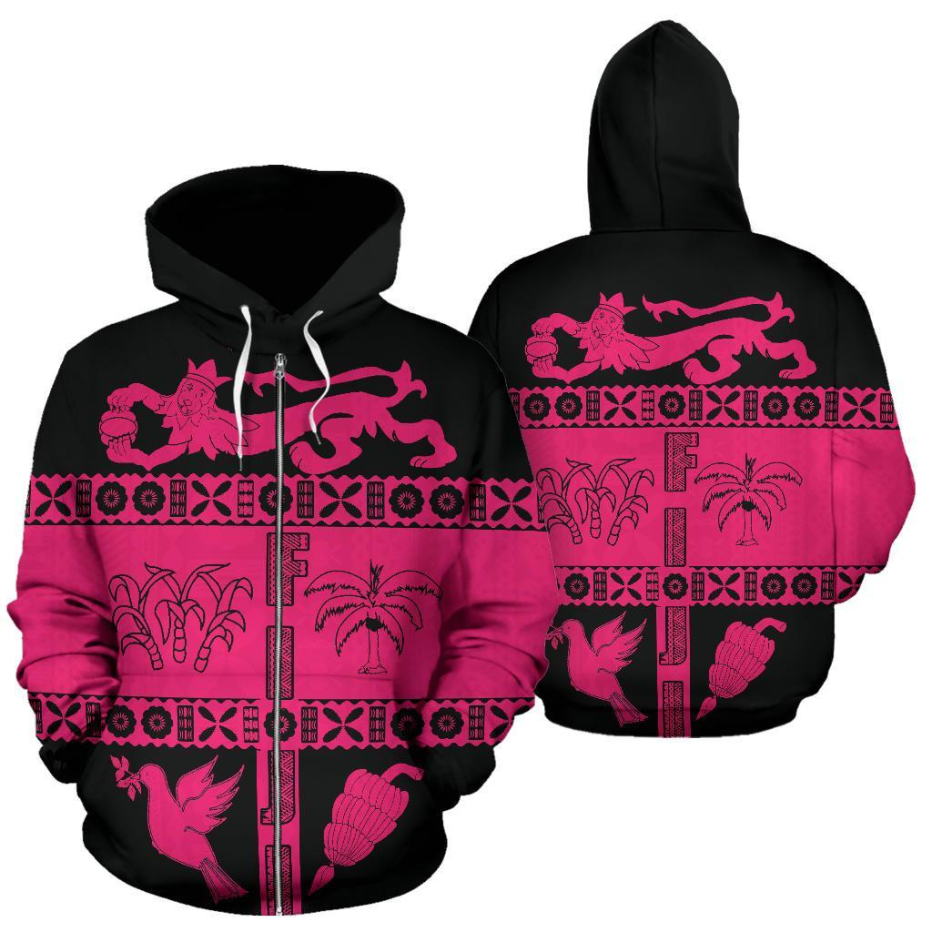 Fiji Tapa Zip Hoodie Fiji Pink Coat of Arms Unisex Pink - Polynesian Pride