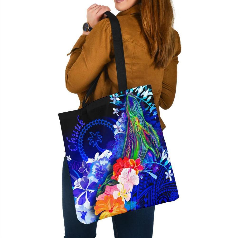 Chuuk Tote Bags - Humpback Whale with Tropical Flowers (Blue) Tote Bag One Size Blue - Polynesian Pride