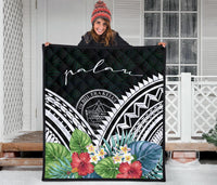 Palau Premium Quilt - Palau Coat of Arms & Polynesian Tropical Flowers White - Polynesian Pride