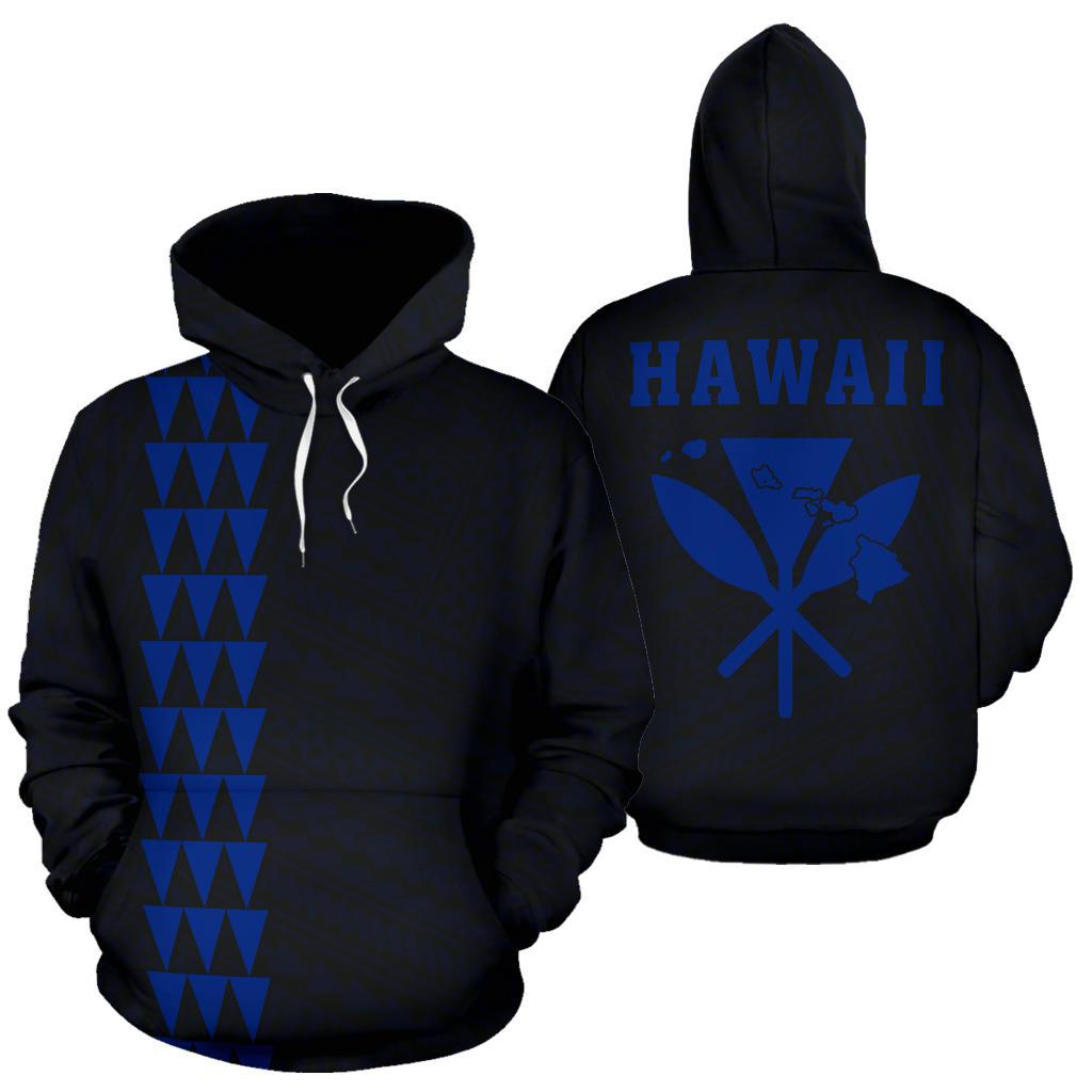 Polynesian Kakau Kanaka Map of Hawaii Hoodie Blue Unisex Blue - Polynesian Pride
