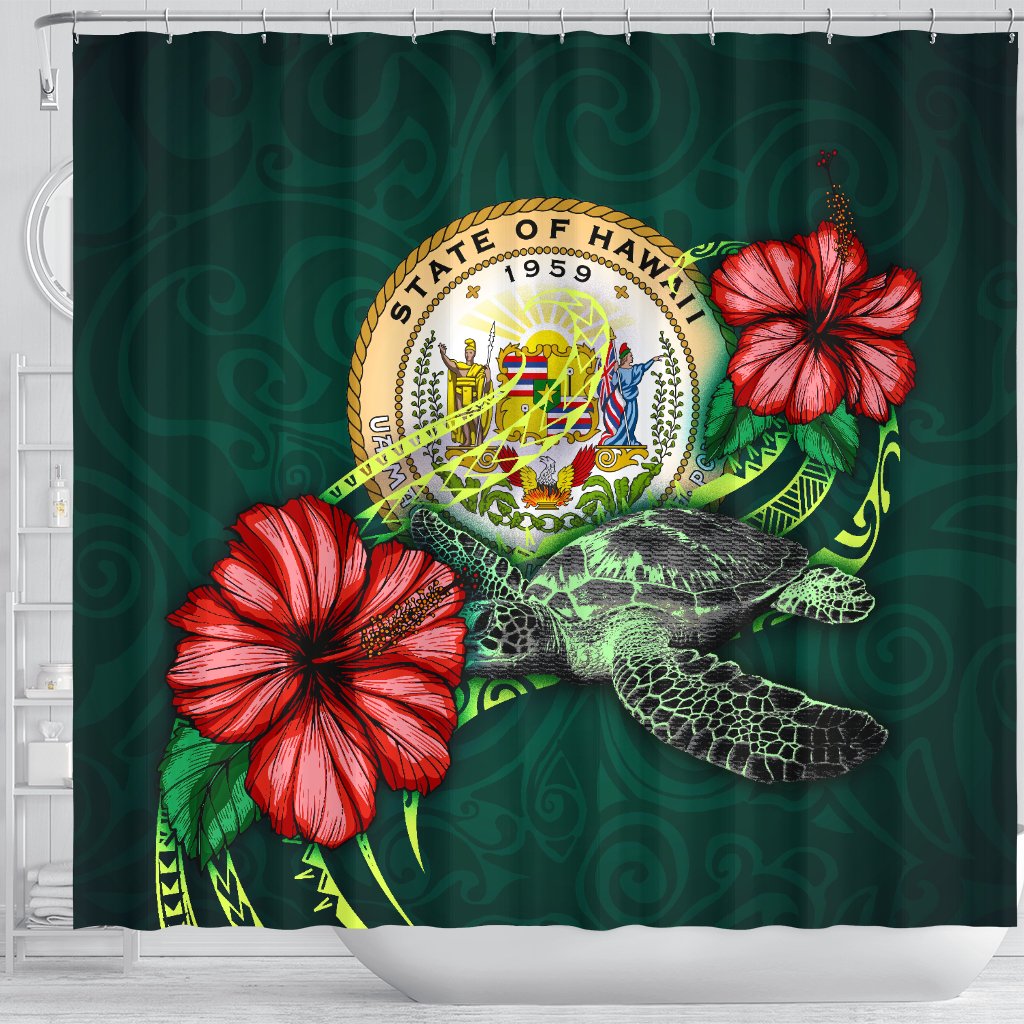 Hawaii Polynesian Shower Curtain - Green Turtle Hibiscus - Polynesian Pride