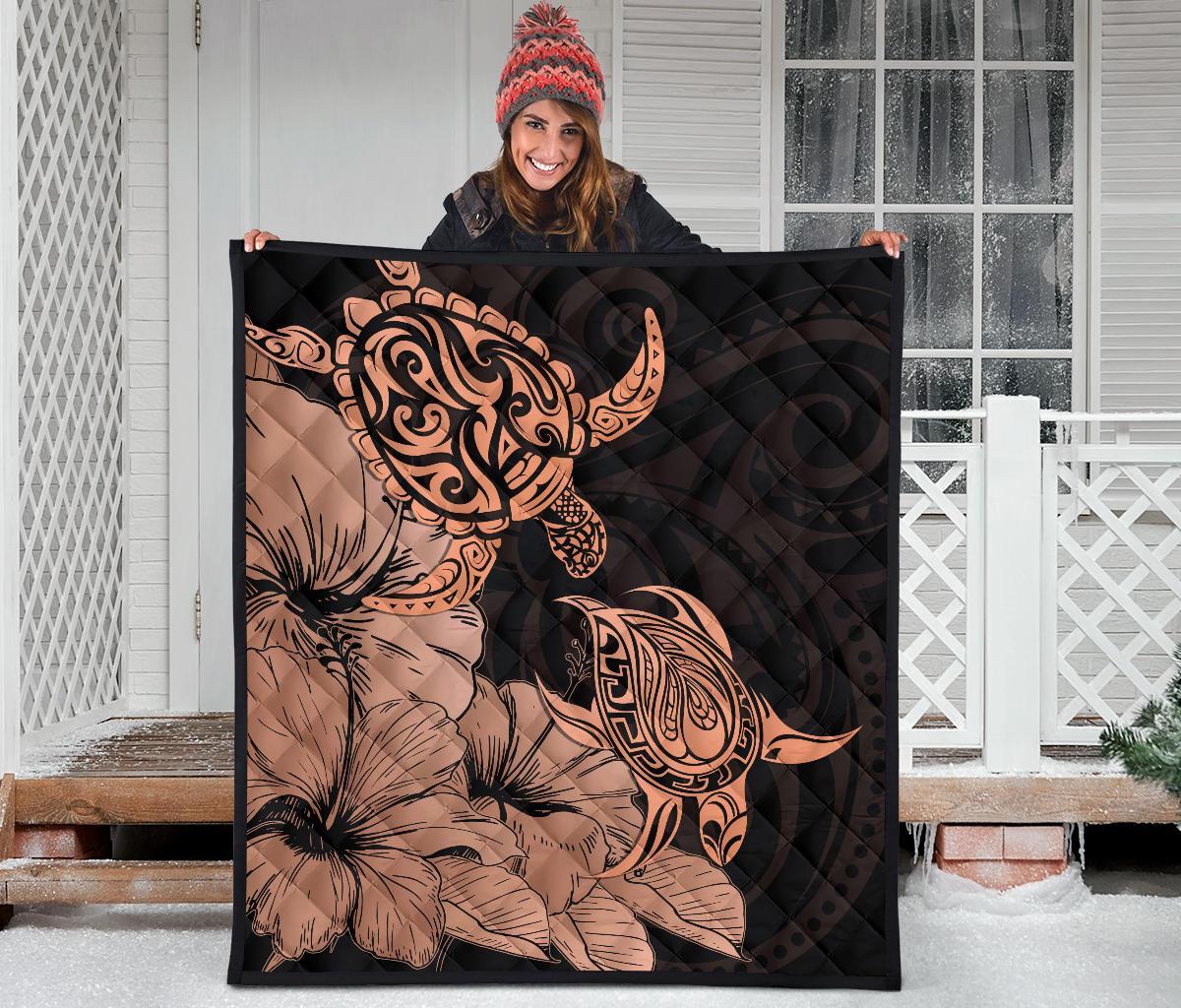 Hawaii Turtle Premium Quilt Polynesian Hibiscus Art Orange AH - Polynesian Pride