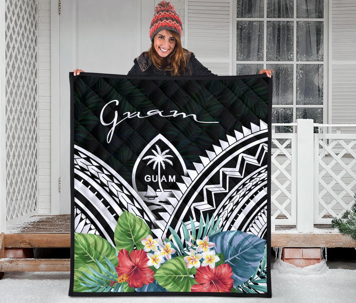Guam Premium Quilt - Guam Coat of Arms & Polynesian Tropical Flowers White - Polynesian Pride