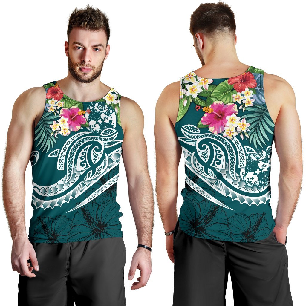 Tonga Polynesian Men's Tank Top - Summer Plumeria (Turquoise) - Polynesian Pride